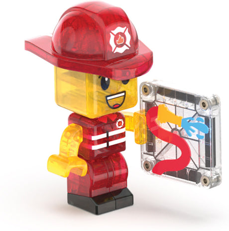 Toy figure of a firefighter with a transparent box containing colorful wires on a white background