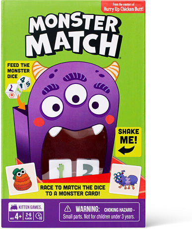 Monster Match game box with a purple monster and dice on a green background