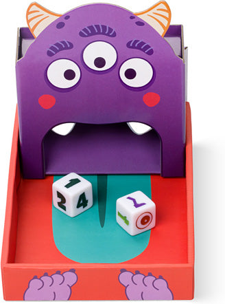 Purple monster-shaped dice roller with two dice on a red base included with the Monster Match Game