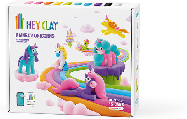 Hey Clay Rainbow Unicorns clay set packaging with colorful unicorns and rainbow elements.