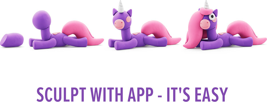 Purple and pink clay unicorns on a white background, accompanied by text 'Sculpt with App - It's Easy'.