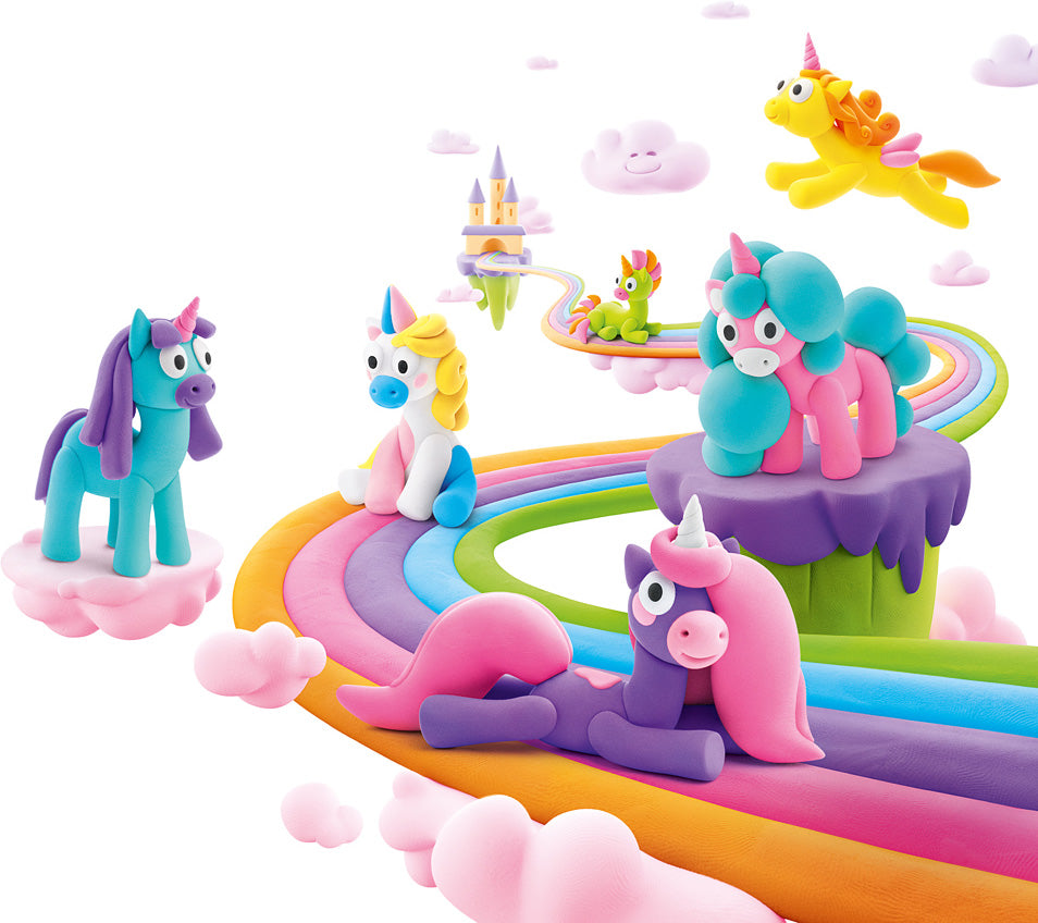 Colorful Hey Clay Rainbow Unicorns on a rainbow path with a castle in the background