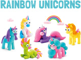 Colorful Hey Clay Rainbow Unicorns with a rainbow and clouds on a white background, labeled 'Rainbow Unicorns'.