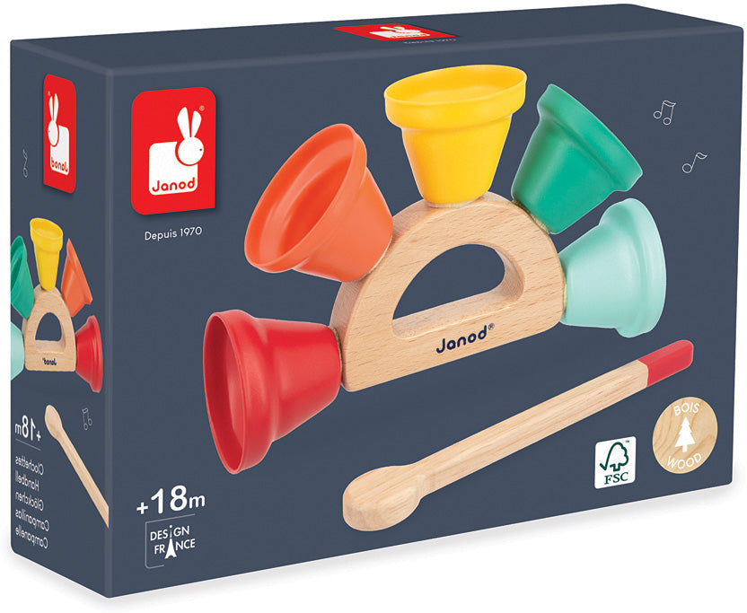 Janod Musical Handbell packaging on a blue background.