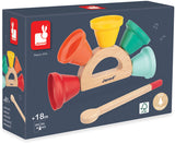 Janod Musical Handbell packaging on a blue background.