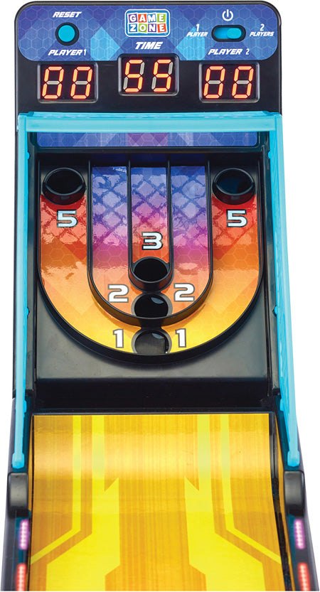 Close-up of a colorful Arcade Alley Ball game with digital displays and numbered holes.