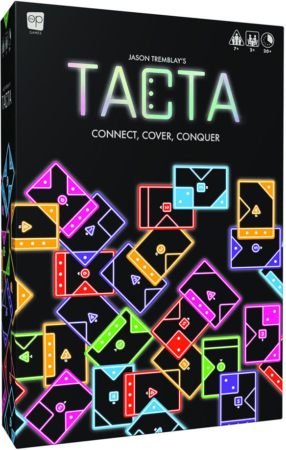 Board game box for 'Tacta' with colorful geometric shapes on a black background