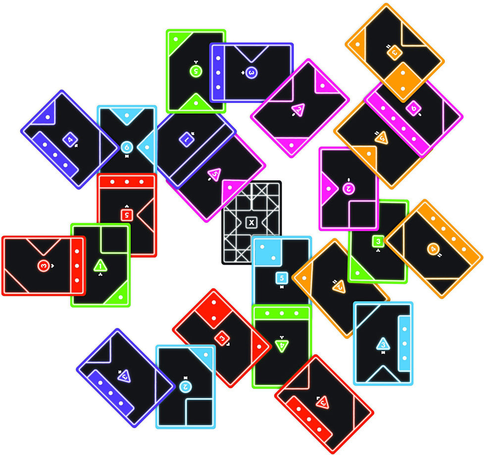 Tacta Card Game with colorful geometric shapes printed on cards on a white background