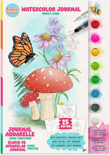 Watercolor floral journaling kit cover featuring forest flora illustrations, including a butterfly, mushrooms, and flowers, with a vertical row of watercolor paint pots on the right side.