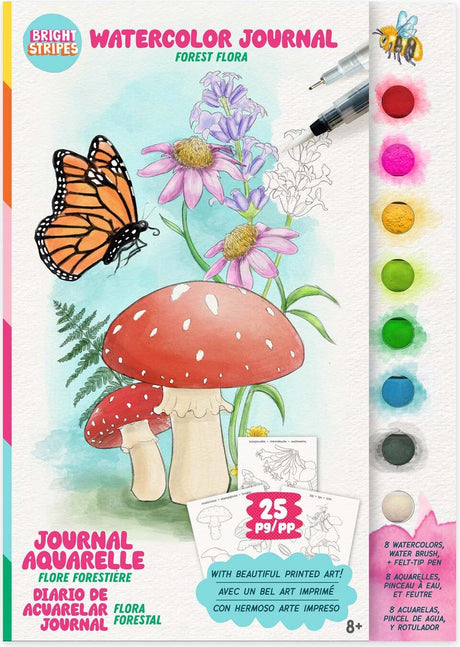 Watercolor floral journaling kit cover featuring forest flora illustrations, including a butterfly, mushrooms, and flowers, with a vertical row of watercolor paint pots on the right side.
