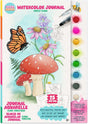Watercolor floral journaling kit cover featuring forest flora illustrations, including a butterfly, mushrooms, and flowers, with a vertical row of watercolor paint pots on the right side.