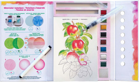Watercolor Journal Forest Flora set with a watercolor paper palette, a printed watercolor techniques guide, and a partially painted apple tree illustration on watercolor paper.