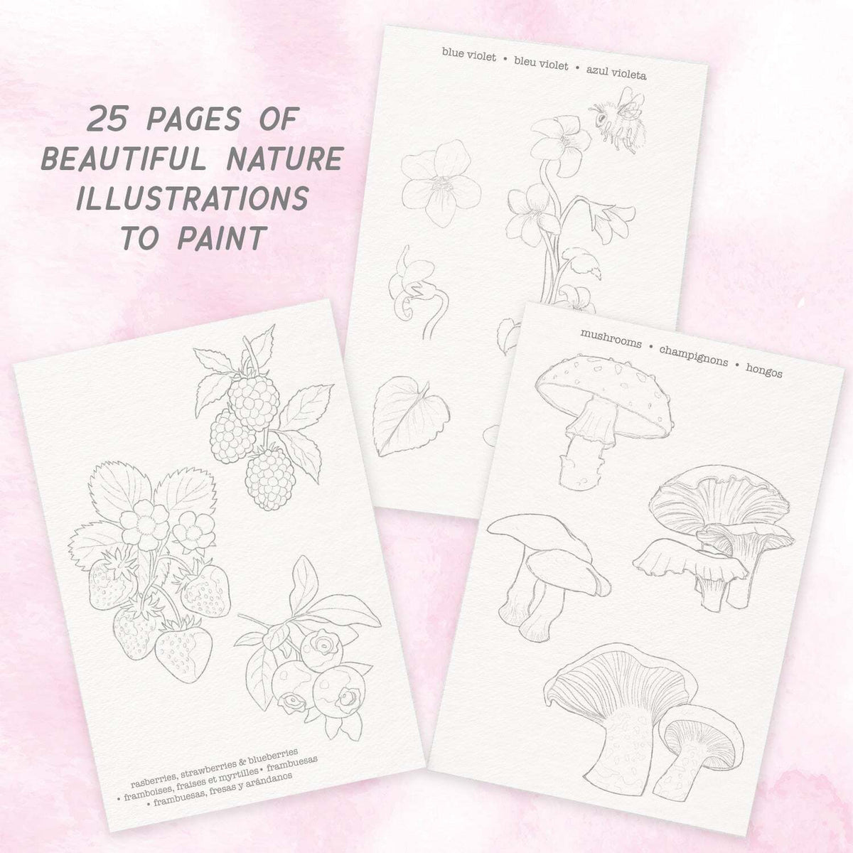 Three sample coloring/painting pages with black line-art nature illustrations on white paper, arranged on a pale pink background. Text on the image reads '25 pages of beautiful nature illustrations to paint from the Watercolor Journal Forest Flora art set.