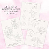 Three sample coloring/painting pages with black line-art nature illustrations on white paper, arranged on a pale pink background. Text on the image reads '25 pages of beautiful nature illustrations to paint from the Watercolor Journal Forest Flora art set.