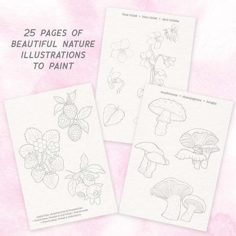 Three sample coloring/painting pages with black line-art nature illustrations on white paper, arranged on a pale pink background. Text on the image reads '25 pages of beautiful nature illustrations to paint from the Watercolor Journal Forest Flora art set.