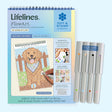 Lifelines FlowArt Dot-By-Letter - Wags & Whiskers meditative art kit shown with its spiral-bound activity pad and four double-sided markers on a light blue background.
