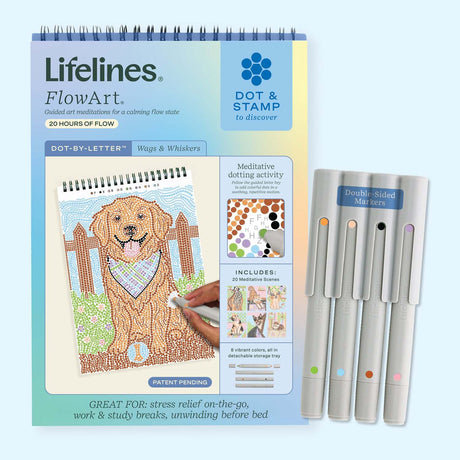 Lifelines FlowArt Dot-By-Letter - Wags & Whiskers meditative art kit shown with its spiral-bound activity pad and four double-sided markers on a light blue background.