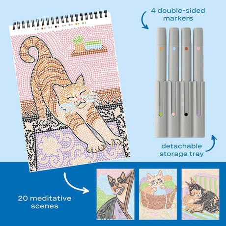 Lifelines FlowArt Dot-By-Letter - Wags & Whiskers art kit with a cat design, markers, and storage tray on a blue background