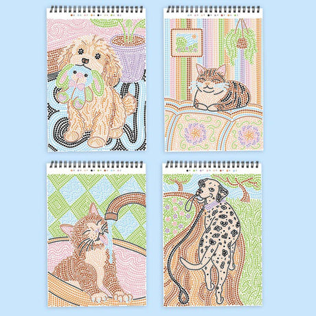 Four spiral-bound Lifelines FlowArt Dot-By-Letter - Wags & Whiskers pictures with animal illustrations on a light blue background