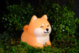 A World of Mushi Ambient Squishy Dog Light depicting a small orange and cream Shiba Inu dog figurine sitting on green moss with a dark green foliage background.