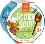 Children's game box titled 'Acorn Soup' with a cartoon squirrel and wooden spoon on a white background.