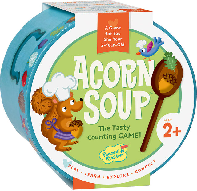 Children's game box titled 'Acorn Soup' with a cartoon squirrel and wooden spoon on a white background.