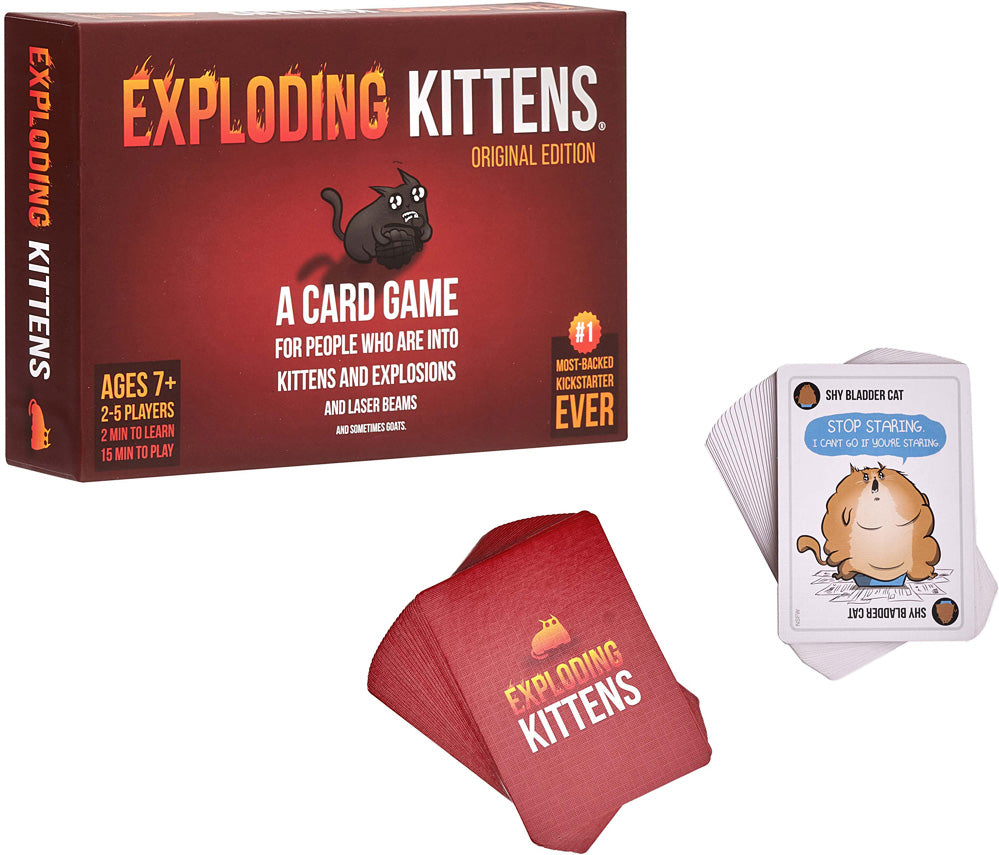 Exploding Kittens card game packaging with cards on a white background