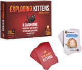 Exploding Kittens card game packaging with cards on a white background