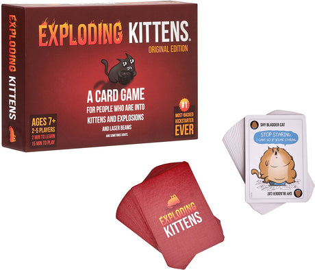 Exploding Kittens card game packaging with cards on a white background