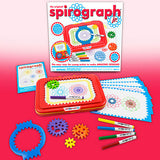 Spirograph Jr. drawing set with gears, markers, and design paper on a pink background