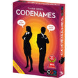 Board game box for 'Codenames' with silhouettes of a man and a woman on a purple and orange background.