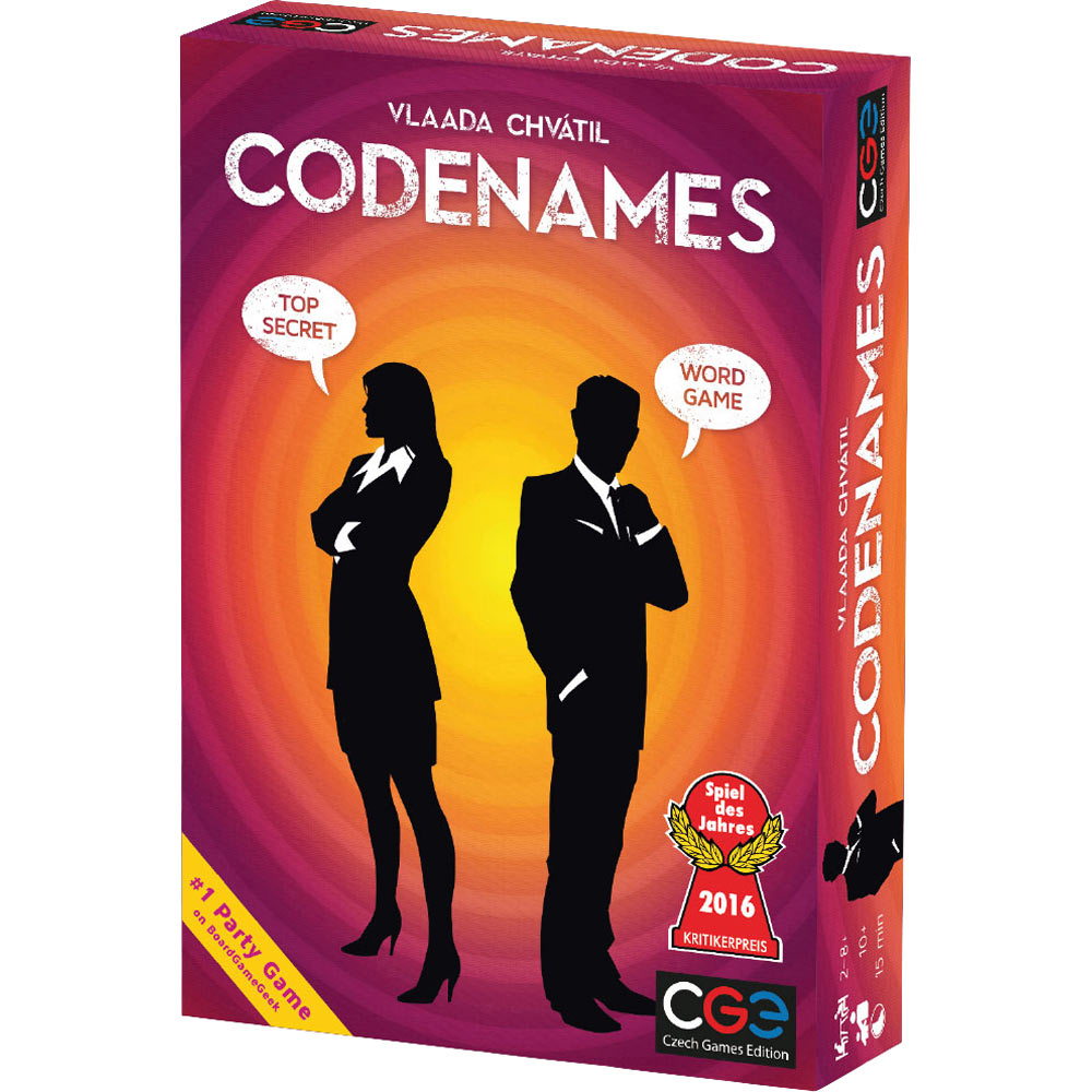 Board game box for 'Codenames' with silhouettes of a man and a woman on a purple and orange background.