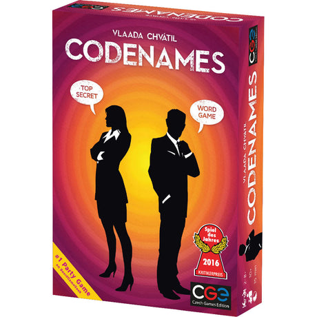 Board game box for 'Codenames' with silhouettes of a man and a woman on a purple and orange background.