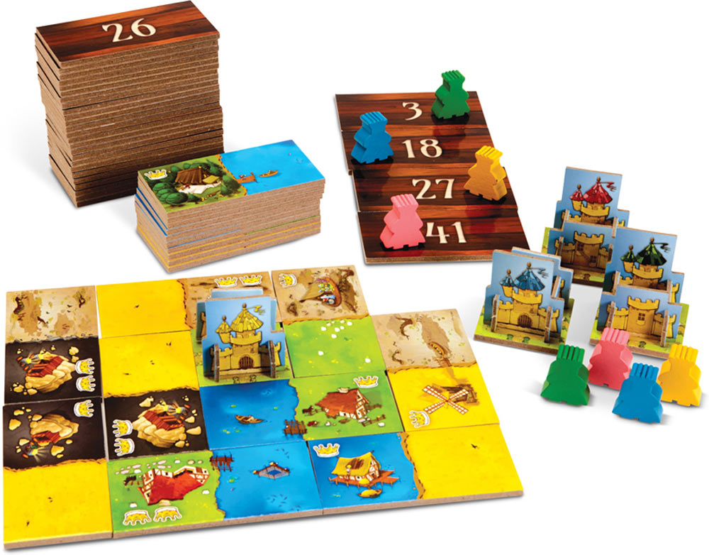Blue Orange Kingdomino Game with colorful tiles and wooden pieces on a white background