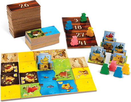 Blue Orange Kingdomino Game with colorful tiles and wooden pieces on a white background