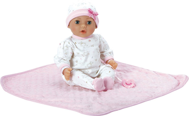 Adora Adoption Babies - Hope in white outfit with pink hat and shoes on a pink blanket against a white background