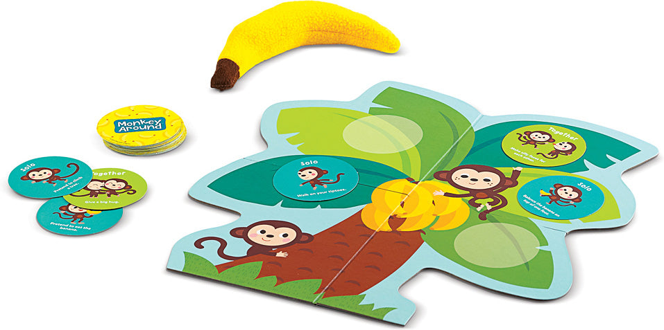 Children's Monkey Around Game with monkey and banana pieces on a white background