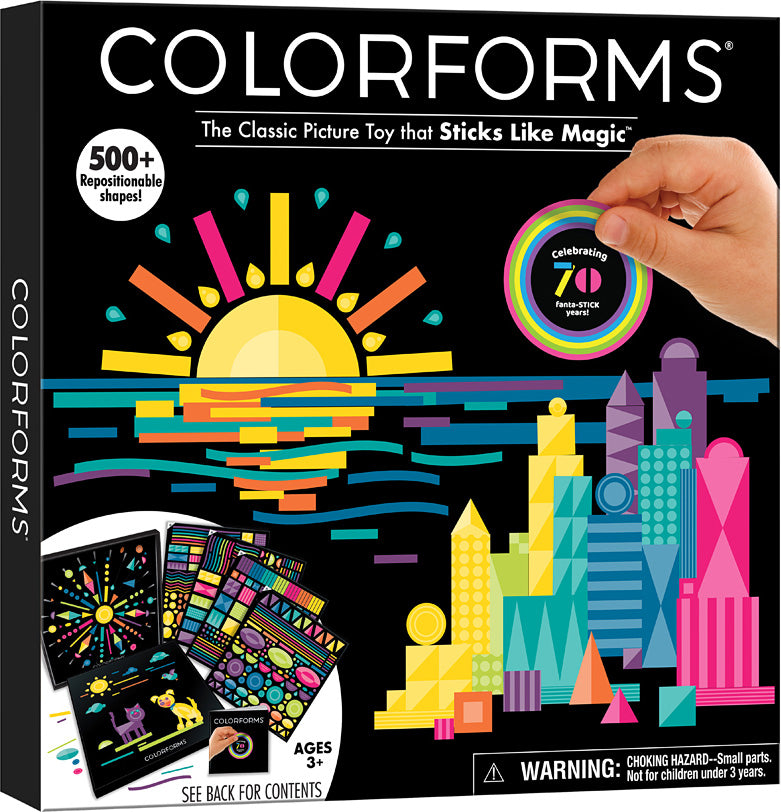 Colorforms 70th Anniversary Set packaging with colorful shapes and a hand holding a shape, on a black background.