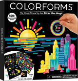 Colorforms 70th Anniversary Set packaging with colorful shapes and a hand holding a shape, on a black background.