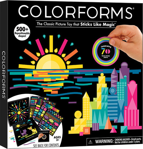 Colorforms 70th Anniversary Set packaging with colorful shapes and a hand holding a shape, on a black background.