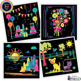 Four colorful illustrations on a black background, featuring a cityscape, flowers, a sunset, and animals. Created using Colorforms 70th Anniversary Set