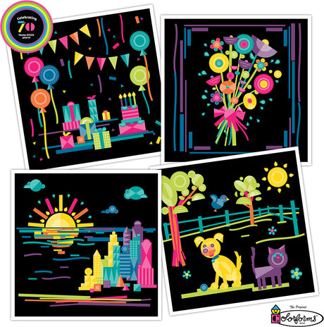 Four colorful illustrations on a black background, featuring a cityscape, flowers, a sunset, and animals. Created using Colorforms 70th Anniversary Set
