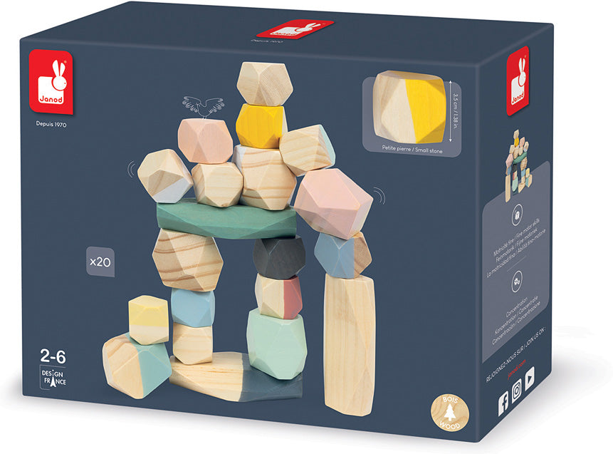 Box of wooden Janod Sweet Cocoon Stacking Stones with colorful geometric shapes on a white background