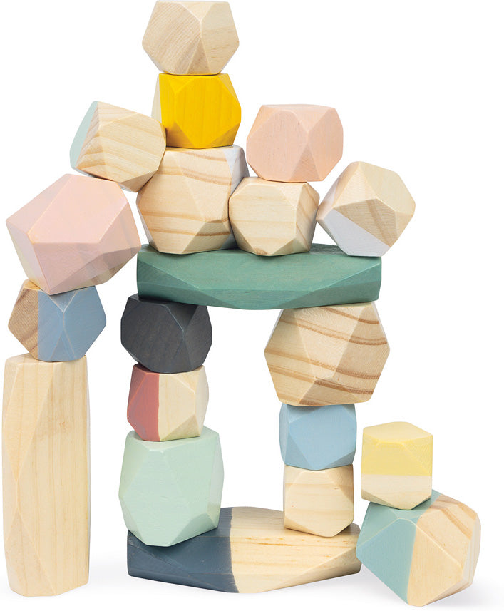 Stack of colorful wooden Janod Sweet Cocoon Stacking Stones on a white background