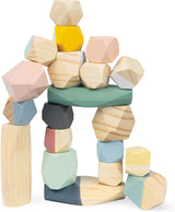 Stack of colorful wooden Janod Sweet Cocoon Stacking Stones on a white background