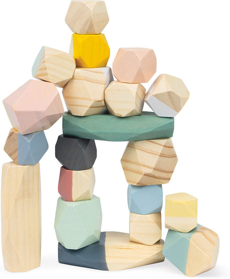 Stack of colorful wooden Janod Sweet Cocoon Stacking Stones on a white background