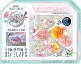 Wish & Craft Flower Power DIY Soaps kit packaging with soap images and text.