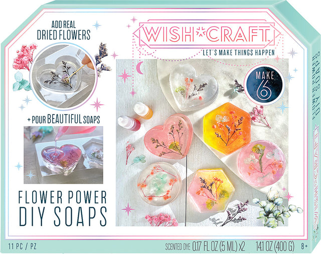 Wish & Craft Flower Power DIY Soaps kit packaging with soap images and text.