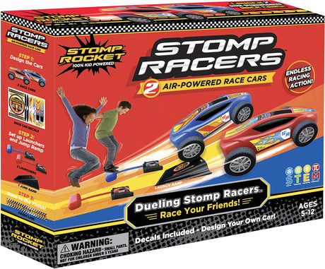Box of Dueling Stomp Racers air-powered race cars with two children playing on a track.