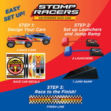 Dueling Stomp Racers  toy set with step-by-step setup instructions on a colorful background